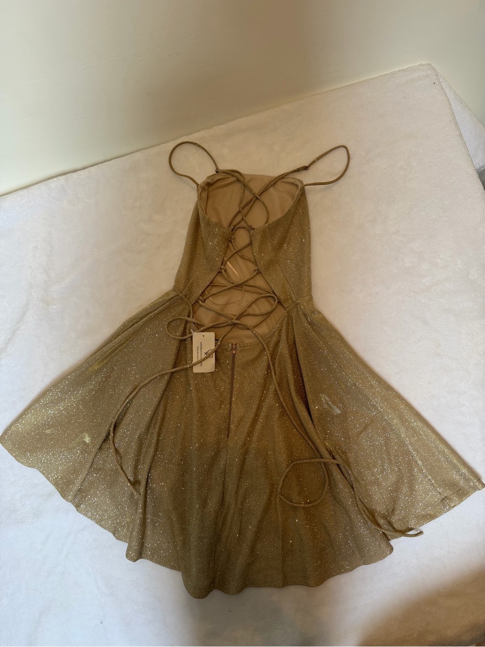 Windsor gold glitter open strappy lace up back skater mini dress - size s - Picture 2 of 10